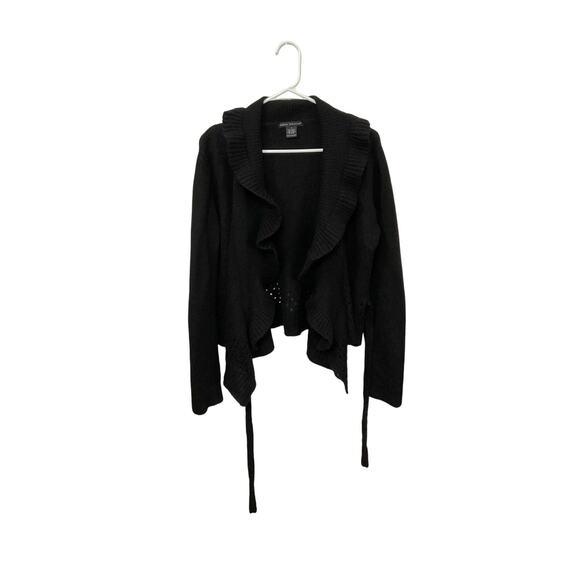 SARAH SPENCER Black Wool Blend Ruffle Front Cardigan Wrap Sweater Women's Large - Picture 3 of 6